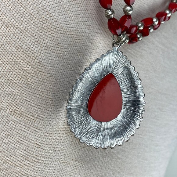 Ruby Rd Red & Silver Tone Boho Pendant Beaded Necklace 22" - Picture 4 of 7
